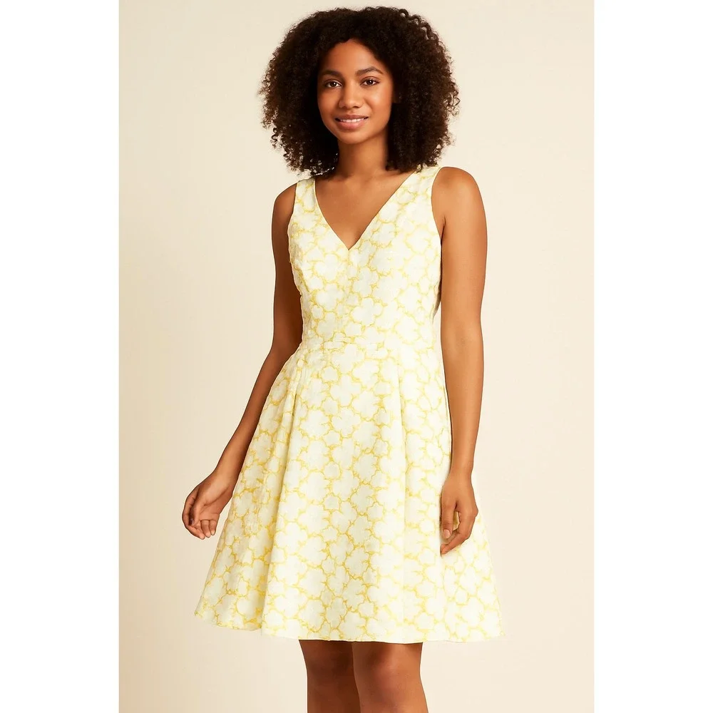 modcloth retro dresses ModCloth Women's Retro‎ Yellow White Floral Lace Fit & Flare Sleeveless  Dress- S